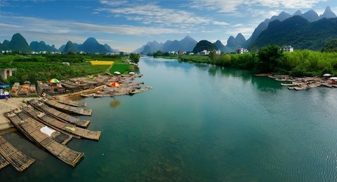 view of li river with bamboo raft, at yangshuo ,china