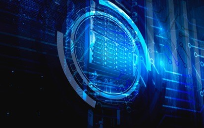 concept of information technology and big data. technological background of the hologram futuristic server room modern datacenter