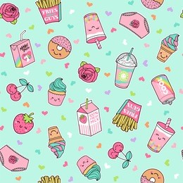 cute pastel foods patches seamless pattern with heart background