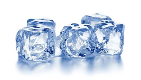 heap of blue ice cubes isolated on white background