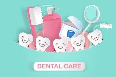 cute cartoon tooth with dental care concept on the green background