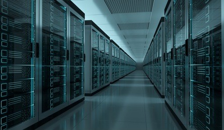 dark server room data center storage interior 3d rendering