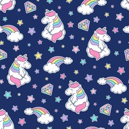 cute pastel unicorn, rainbow, diamond and star seamless pattern background