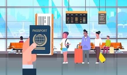 hand hold passport and ticket over people in airport on backgroound travelers with baggage at waiting hall flat vector illustration