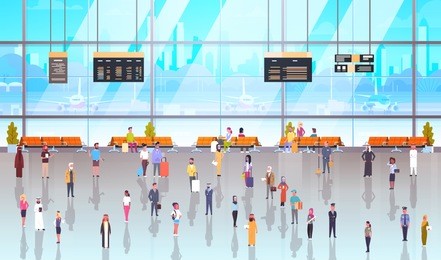 modern airport interior people passengers with baggage walking through at waiting hall and departure lounge to terminal flat vector illustration