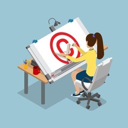 flat style isometric 3d drawing architect board table multipurpose vector illustration. woman drafting copyright sign. architectural desk for sketching. large sheet of paper, ruler architect workplace