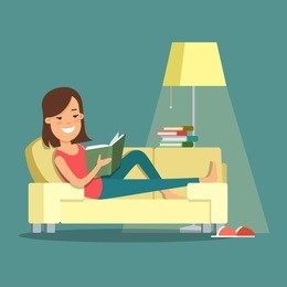 flat style young woman leisure reading books relax at home interior vector illustration. female lying on couch sofa. learning, knowledge, studding. creative people collection.