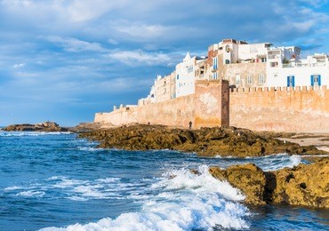 essaouira walled city in morocco on atlantic ocean coast with waves on the rocks with selective focus