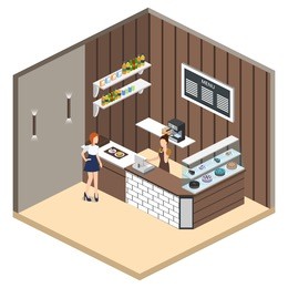 isometric 3d illustration design interior coffee shop, coffee shop with waitresses and cakes