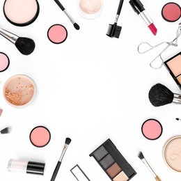 professional makeup tools. makeup tools brushes. flat composition. magazines, social media. top view. flat lay.