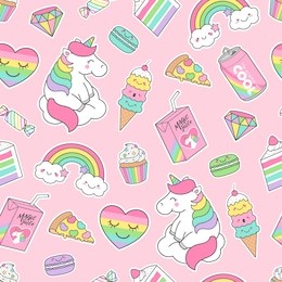 cute pastel unicorn and dessert seamless pattern on pink background