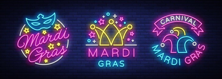 mardi gras set of design template for greeting cards, flyers. fat tuesday is collection of festive illustrations in neon style, neon sign, festive symbol, luminous banner, neon billboard. vector