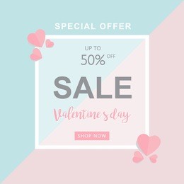valentine's day sale promotion banner on blue-pink pastel background