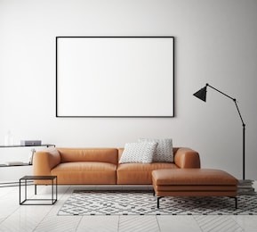 mock up poster frame in hipster interior background, scandinavian style, 3d render, 3d illustration