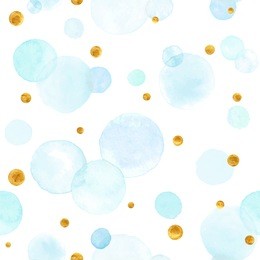watercolor vector texture. aquarelle circles in pastel colors. seamless pattern. watercolor blue and golden spots isolated on white background.