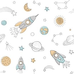 space seamless pattern for children wear. white backgroynd with cosmic elements. vector illustration. 