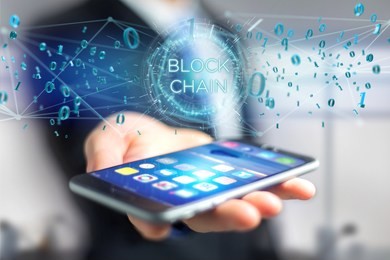 view of a blockchain title with 0 and 1 data flying over