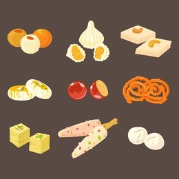 indian sweets icons isolated on dark background. laddu, modak, burfi, sandesh, gulab jamun, jalebi, soan papdi, kulfi, rasgulla.