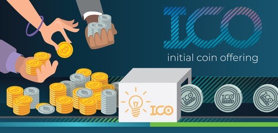 initial coin offering, ico token production process vector illustration. token sales in exchange for bitcoin, ethereum. hands with bitcoin and ethereum. it startup crowdfunding. blockchain technology.