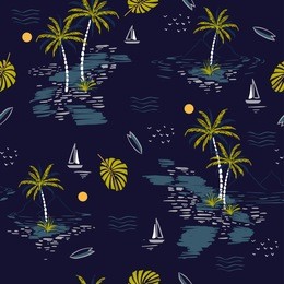 beautiful seamless island pattern on dark blue background. landscape with palm trees,beach and ocean vector hand drawn style.