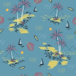 beautiful seamless island pattern on pastel blue background. landscape with palm trees,beach and ocean vector hand drawn style.
