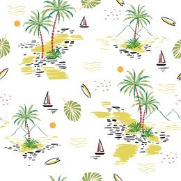 beautiful seamless island pattern on white background. landscape with palm trees,beach and ocean vector hand drawn style.