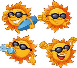 cartoon sun character ready for summer. vector illustration with simple gradients. all characters on separate layers for easy editing.