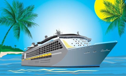 vector drawing of modern passenger cruise liner near tropical harbor