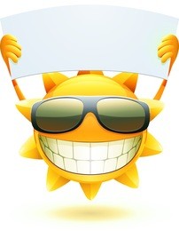 vector illustration of cool cartoon happy summer sun in sunglasses with blank banner