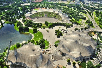 stadium of the olympiapark in munich, germany, is an olympic park which was constructed for the 1972 summer olympics. found in the area of munich known as the "oberwiesenfeld" ("upper meadow-field"),