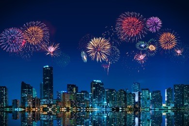 big fireworks over the skyline of downtown miami