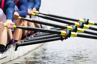 close up of a men's quadruple skulls rowing team, seconds after the start of their race