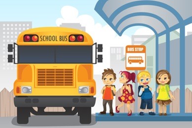 a vector illustration of little children waiting at a bus stop