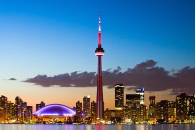 night sky over toronto cityscape during sunset. taken from center island.