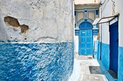 morocco, rabat, kasbah des oudaias. typical blue and white houses.