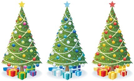 cartoon illustration of christmas tree in 3 color versions.