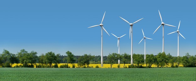 wind turbines in a rapeseed field behind an alley