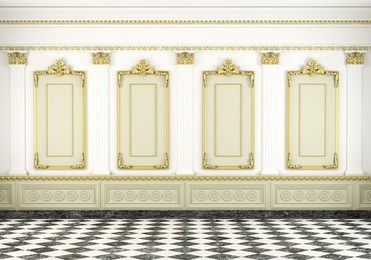 3d scene of a white classic wall with golden moldings and marble floor