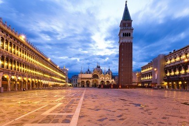 piazza san marco at dawn on a cloudy morning.