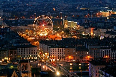 old lyon at night viewed from the fourvieres hill