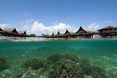 man-made kapalai's resort with exotic coral through underwater camera