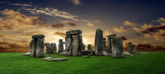 stonehenge large panorama at sunset, united kingdom (without tourists)