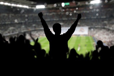 image of a full stadium with silhouettes of fan on the foreground