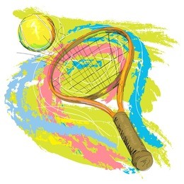hand drawn illustration of tennis racket and ball, created as very artistic painterly style for your design, isolated on white