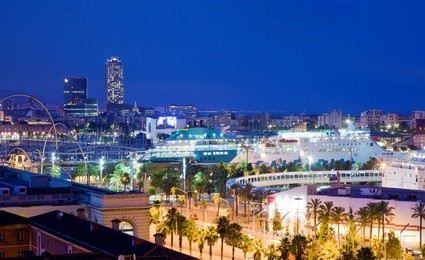 barcelona, spain skyline at night. horbor view