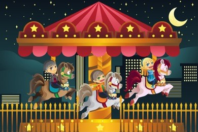 a vector illustration of children playing merry go round in an amusement park