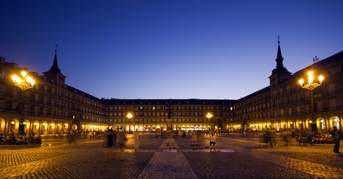 panoramic view of the plaza mayor in madrid at sunset, spain