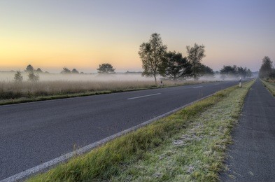 hdr fog, heathland, lonely street early morning