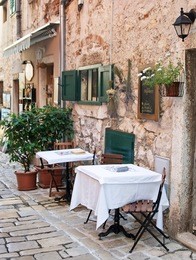 street cafe in old town rovinj, istria, croatia