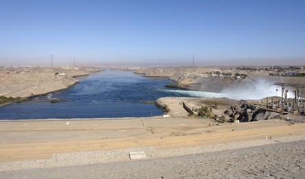 scenery around the aswan dam with hydroelectric power plant in aswan (egypt)